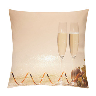 Personality  Christmas Toys, Decorative Star And Two Glasses Of Champagne With Glitter On Tabletop Pillow Covers
