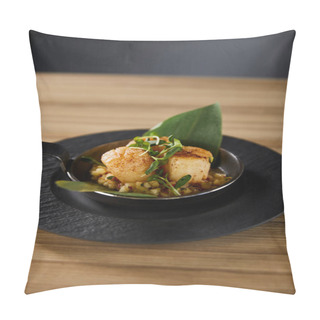 Personality  Delicious Grilled Scallops With Green Leaves And Microgreens On Wooden Table On Black Background Pillow Covers
