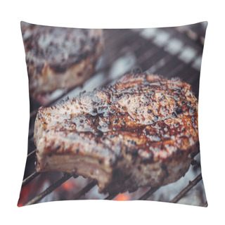 Personality  Selective Focus Of Juicy Spicy Steak Grilling On Barbecue Grid With Smoke Pillow Covers