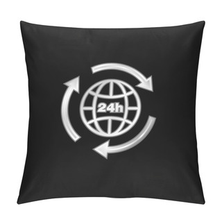 Personality  24 Hours Earth Grid Symbol With Arrows Circle Around Silver Plated Metallic Icon Pillow Covers