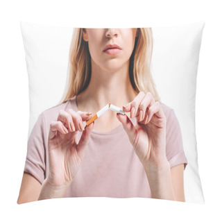 Personality  Cropped Image Of Blonde Woman Breaking Unhealthy Cigarette Isolated On White Pillow Covers