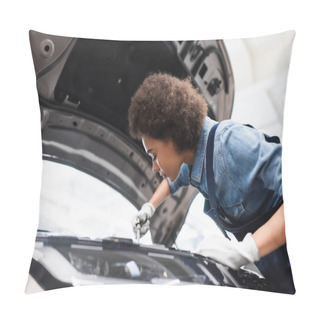 Personality  Young African American Mechanic Fixing Motor In Car With Open Hood In Garage Pillow Covers
