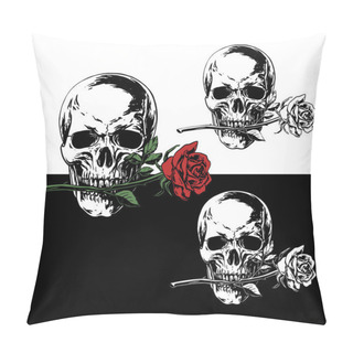 Personality  Realistic Black And White Vector Illustration Of A Skull With A Rose In His Teeth Isolated On Black And White Background Pillow Covers