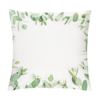 Personality  Frame Of Eucalyptus Branch Pattern With Space For Text On White Background. Flat Lay, Top View Hero Header Concept. Pillow Covers