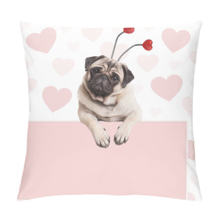 Personality  Sweet Pug Puppy Dog With Hearts Diadem, Hanging On Blank Pale Pink Promotional Sign Pillow Covers