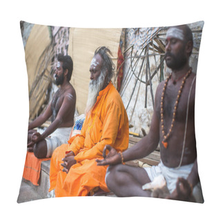 Personality  VARANASI, INDIA - MAR 15, 2018: Sadhu (holy Man) On Dashashwamedh Ghat Is The Main And Probably Oldest Ghat Of Varanasi Located On The Ganges, Close To Kashi Vishwanath Temple. Pillow Covers