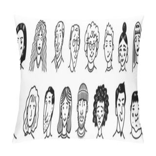 Personality  Diverse Faces Of People Set. Human Avatars Collection. Old And Young Age. Happy Emotions. Portrait With A Positive Facial Expression. Men And Women, Grandparents And Girls. Hand Drawn Doodle Sketch. Pillow Covers