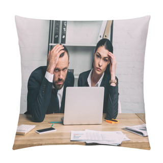 Personality  Portrait Of Stressed Business People At Workplace With Documents And Laptop In Office Pillow Covers
