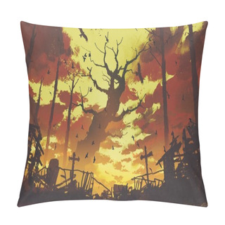 Personality  Big Bare Trees With Flying Birds In Sunset Sky Pillow Covers