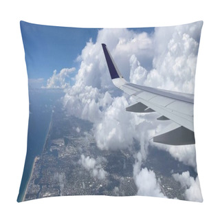 Personality  Flying Over Miami. View Of East Coast From Planes Window. Beautiful White Clouds Against Blue Sky. The Turquoise Waters Of Atlantic Coast. Pillow Covers