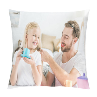 Personality  Happy Father Plaiting Braid To Adorable Daughter Pretending To Have Tea Party At Home  Pillow Covers