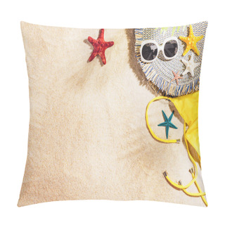 Personality  Background With Sandy Beach, Top View. Summer Accessories Concept Pillow Covers