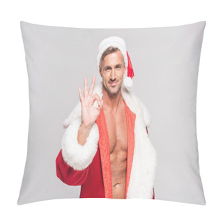 Personality  Handsome Happy Santa Showing Ok Sign And Smiling At Camera Isolated On Grey Pillow Covers
