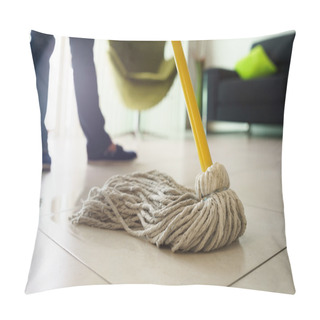 Personality  Woman Doing Chores Cleaning Floor At Home Focus On Mop Pillow Covers