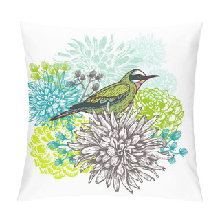 Personality  Vector Illustration Of A Little Bird And Blooming Dahlia Flowers Pillow Covers