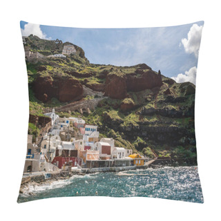 Personality  SANTORINI, GREECE - APRIL 10, 2020: White Houses On Hill Near Aegean Sea Against Sky With Clouds  Pillow Covers