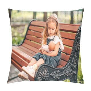 Personality   Blond Little Girl Walks In The Park, Plays With A Doll On A Bench, Mothers Daughter Game, Summer Sunny Day, Concept Of A Happy Childs Day Pillow Covers