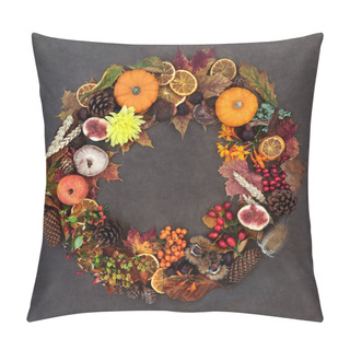 Personality Autumn Harvest Festival Wreath Composition With A Variety Of Natural Flora, Fauna And Food On Lokta  Background.  Pillow Covers