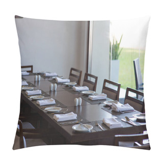 Personality  Served Table In Empty Restaurant Pillow Covers