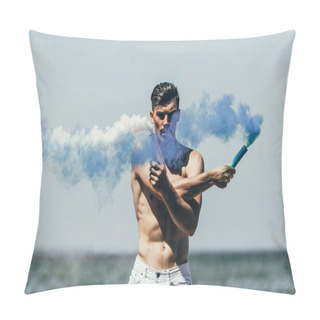 Personality  Muscular Shirtless Man With Blue And White Smoke Sticks In Front Of Ocean Pillow Covers