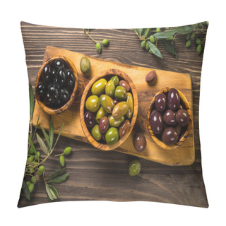 Personality  Black And Green Olives On Wooden Table. Pillow Covers