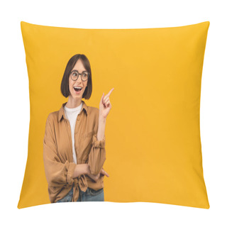 Personality  Overjoyed Young Woman Pointing Finger Aside Advertising Text Standing Over Yellow Studio Background, Empty Space Pillow Covers