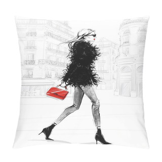 Personality  Hand Drawn Beautiful Young Woman With Bag. Fashion Look. Stylish Girl Walking With Paris Street Background. Woman In Black Feather Jacket. Sketch. Fashion Illustration. Pillow Covers