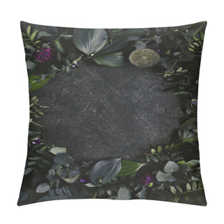 Personality  Dark Green Tropical Leaves On Natural Black Stone Background Pillow Covers