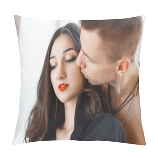 Personality  Young Beautiful Couple. Man Kissing His Girlfriend On The Cheek Pillow Covers