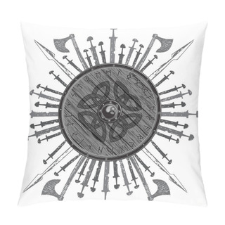Personality  Viking Design. The Shield Of A Viking With Runes, Battle Axes, Swords And Spears, Isolated On White, Vector Illustration Pillow Covers