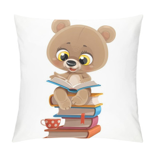 Personality  Cute Cartoon Baby Bear Sitting On A Stack Of Books And Reading Isolated On White Background Pillow Covers