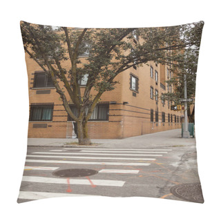 Personality  Brick Building Near Trees And Pedestrian Crossing On Street In New York City, Autumnal Scene Pillow Covers