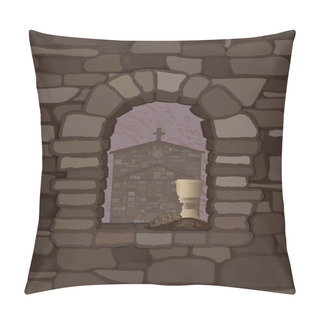 Personality  View From The Arched Stone Window Of The Medieval  Church In Visigoths Style And Cup Of Wine With Black Bread, Vector Illustration Pillow Covers