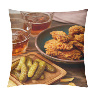 Personality  Delicious Chicken Nuggets, French Fries And Gherkins Near Glasses Of Beer On Wooden Table Pillow Covers
