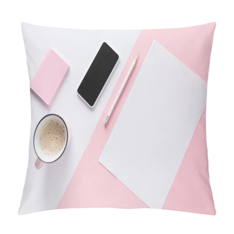 Personality  Flat Lay With Smartphone, Cup Of Coffee, Blank Paper And Sticky Notes Pillow Covers