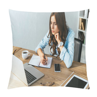 Personality  Concentrated Woman At Tabletop With Laptop Taking Part In Webinar In Office Pillow Covers