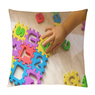 Personality  Colorful Foam Puzzle Letters And Numbers In Kids Hands On A Light Table Pillow Covers