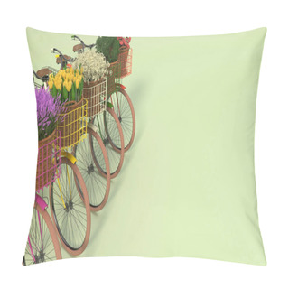 Personality  Set Of Old Retro Bicycles With Multicolored Flowers In Baskets Stand In A Row On A Light Green Background. Copy Space. 3D Render. Pillow Covers