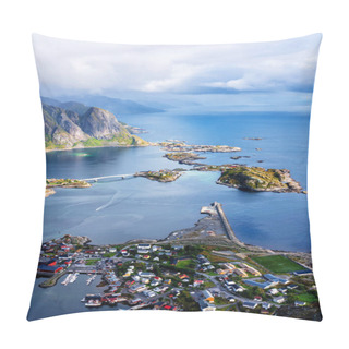Personality  Sunny Aerial Panoramic View On Stunning Mountains And Village Of Reine In Lofoten Islands, Norway From Reinebringen Ridge. Scenic Vista With A Rainbow And Rugged Peaks. Pillow Covers