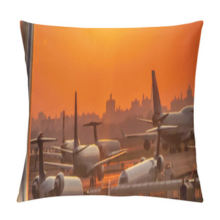 Personality  Airplanes At Sunset Along The Runway At International Airport. Pillow Covers