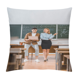 Personality  Selective Focus Of Male Student And Female Teacher Using Laptop During Lesson In Classroom Pillow Covers