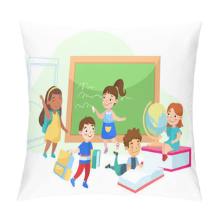 Personality  Back To School, Education. Children Characters In Classroom Write On Blackboard, Read Books. Happy Students With Studying Tools As Globe And Textbooks In Class Room. Cartoon People Vector Illustration Pillow Covers