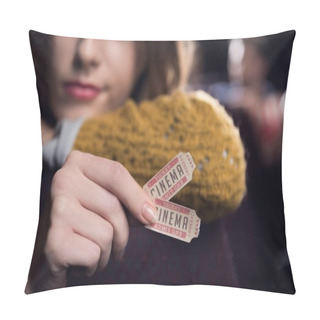 Personality  Cropped View Of Woman Holding Two Cinema Tickets Pillow Covers