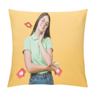 Personality  Smiling Teenager With Paper Hearts On Sticks Holding Smartphone Isolated On Yellow Pillow Covers
