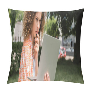 Personality  Pensive Freelancer With Curly Hair Holding Laptop While Sitting In Green Park, Banner  Pillow Covers