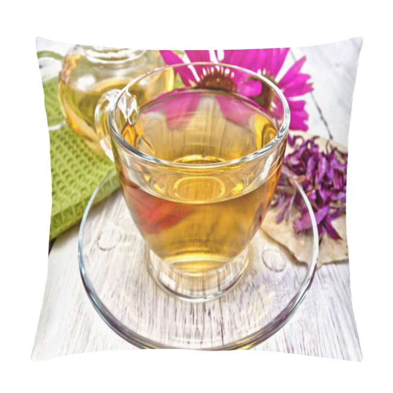 Personality  Tea Echinacea in glass cup on board with napkin pillow covers