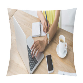 Personality  Panoramic Shot Of African American Woman Holding Pen Near Notebook And Laptop  Pillow Covers