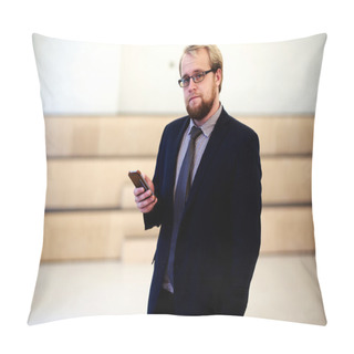 Personality  Confident Businessman Using Mobile Phone Pillow Covers