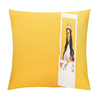 Personality  Smiling Brunette Girl In Summer Outfit Posing In Social Network Frame On Yellow Background, Panoramic Shot Pillow Covers
