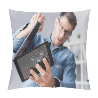 Personality  Surprised Businessman Disassembling Smashed Digital Tablet On Blurred Background Pillow Covers